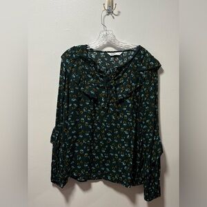 NWOT Sonoma Ruffle Peasant Blouse Green Floral Long Sleeve Boho OVERSIZED